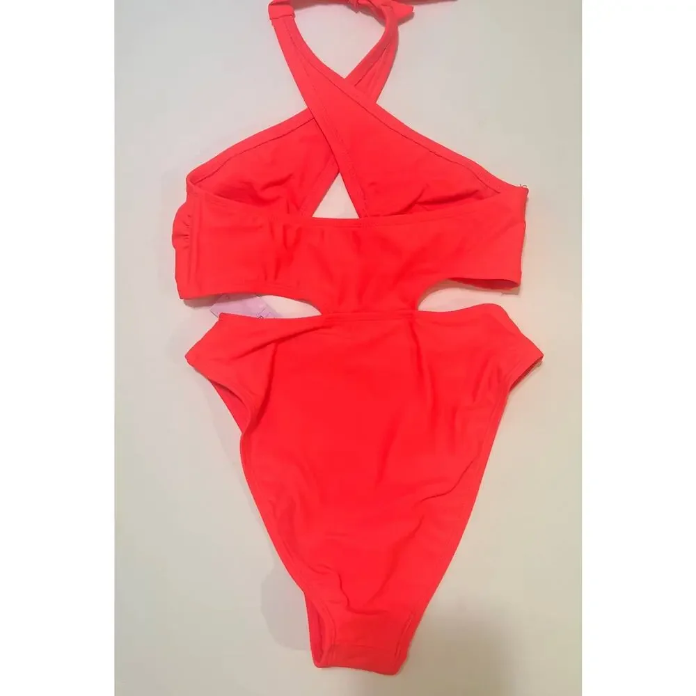 Wild Fable Cross Front Halter One Piece Swimsuit Coral NWT Size XS - Picture 5 of 6